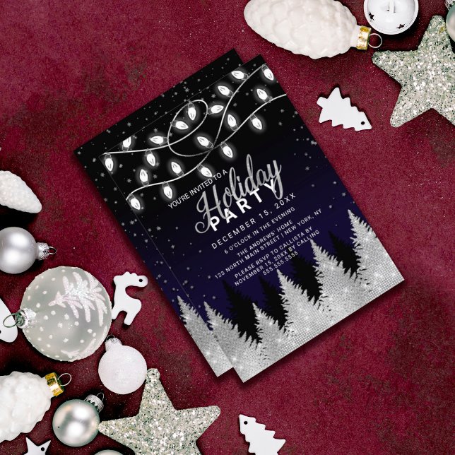 White Glowing Lights Glitter Trees Holiday Party Invitation (Creator Uploaded)