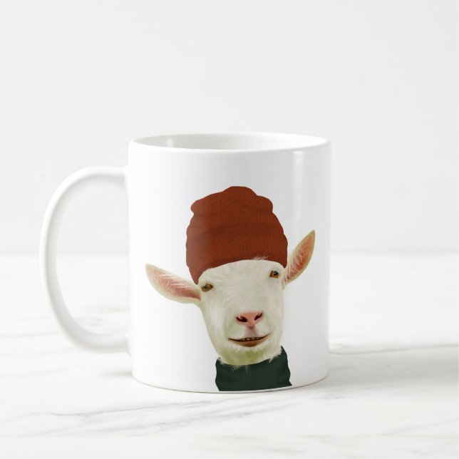 White Goat With Beanie Hat Mug (Left)