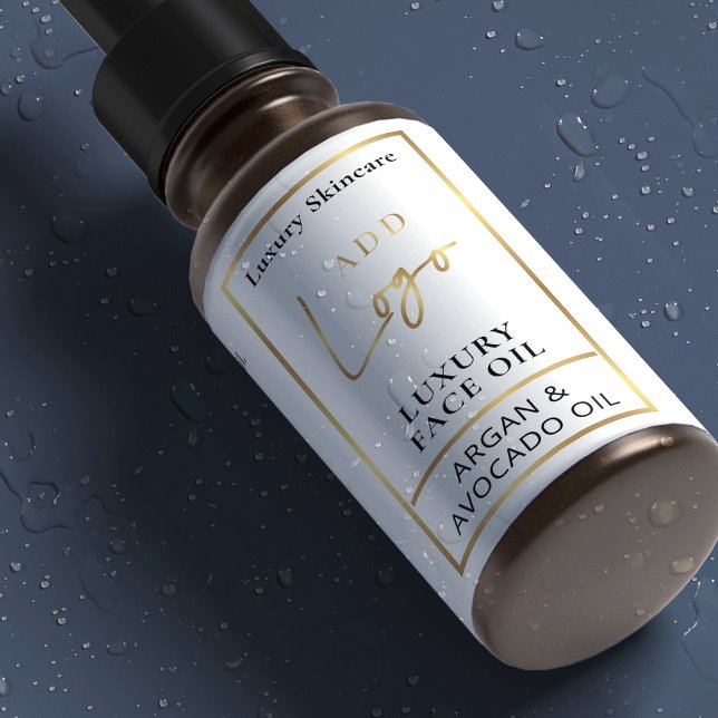 White & Gold 1 OZ 30ml Bottle Skincare Waterproof (Waterproof cosmetic bottle label in white and gold with your logo and product ingredients)