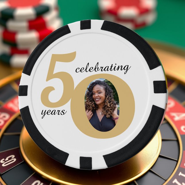 White & Gold 50 Photo Fifty Years 50th Birthday Poker Chips (Creator Uploaded)