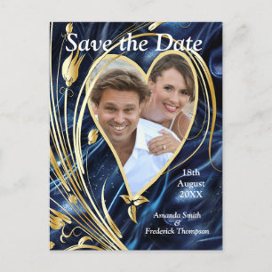 White & Gold abstract flowers on Simmery Blue Silk Announcement Postcard