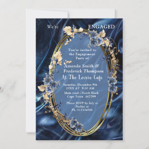 White & Gold abstract flowers on Simmery Blue Silk Invitation