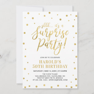 White & Gold Adult 50th Surprise Birthday Party Invitation