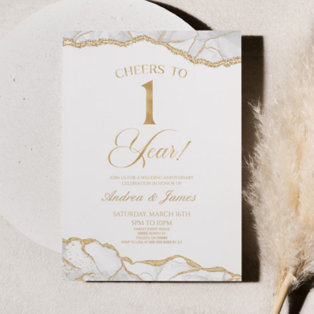 White Gold Agate 1st Wedding Anniversary Party Invitation (Creator Uploaded)