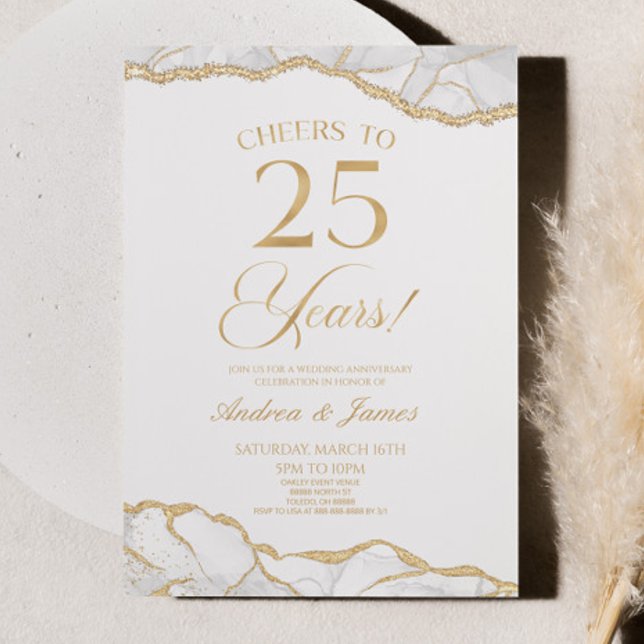 White Gold Agate 25th Wedding Anniversary Party Invitation (Creator Uploaded)