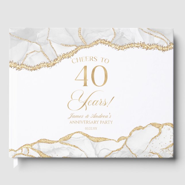 White Gold Agate 40th Wedding Anniversary Party Guest Book (Front)
