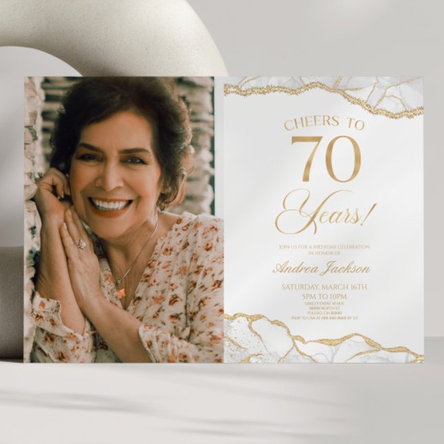 White Gold Agate Picture 70th Birthday Party Invitation (Creator Uploaded)