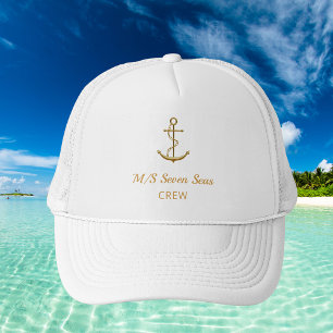 White gold anchor yacht boat name crew trucker hat