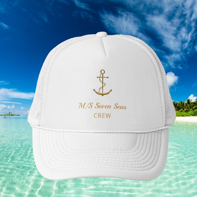 White gold anchor yacht boat name crew trucker hat (Creator Uploaded)