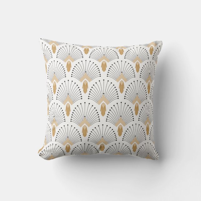 White, Gold and Black Art Deco Fan Flowers Motif  Cushion (Front)
