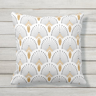 White, Gold and Black Art Deco Fan Flowers Motif  Cushion