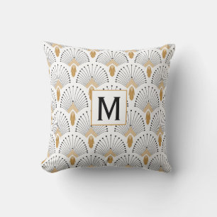 White, Gold and Black Art Deco Fan Flowers Motif Cushion