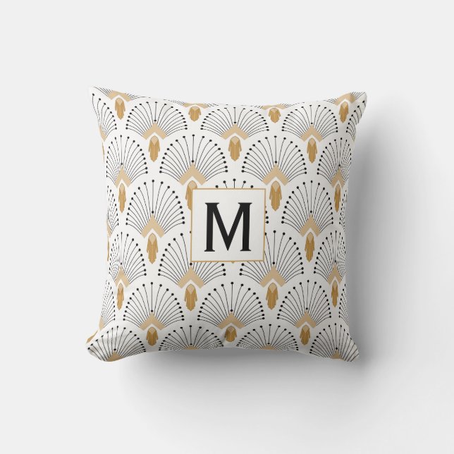 White, Gold and Black Art Deco Fan Flowers Motif Cushion (Front)