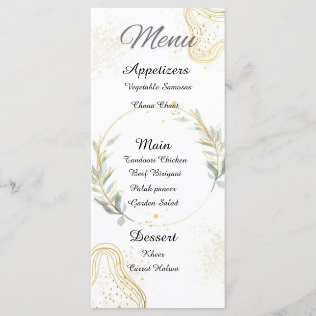 White, gold and green floral abstract menu (Front)