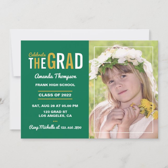 White, Gold and Green Graduation Party Invitation (Front)