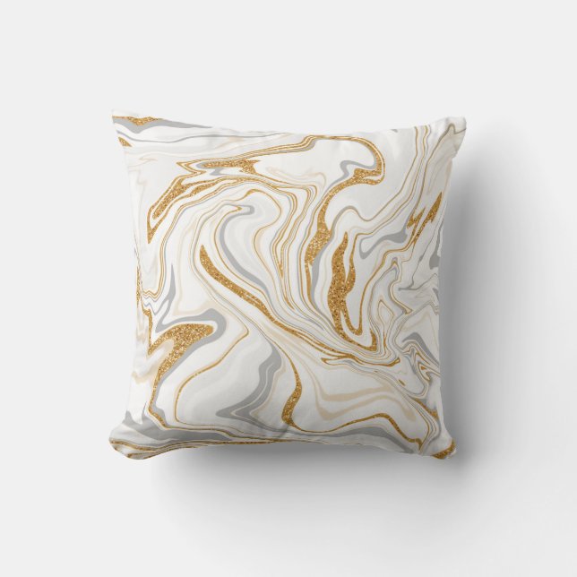 White, Gold and Grey Marble like Fluid Art Swirls Cushion (Front)