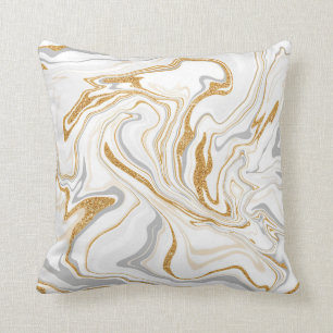 White, Gold and Grey Marble like Fluid Art Swirls Cushion