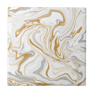 White, Gold and Grey Marble Like Swirls Fluid Art  Ceramic Tile