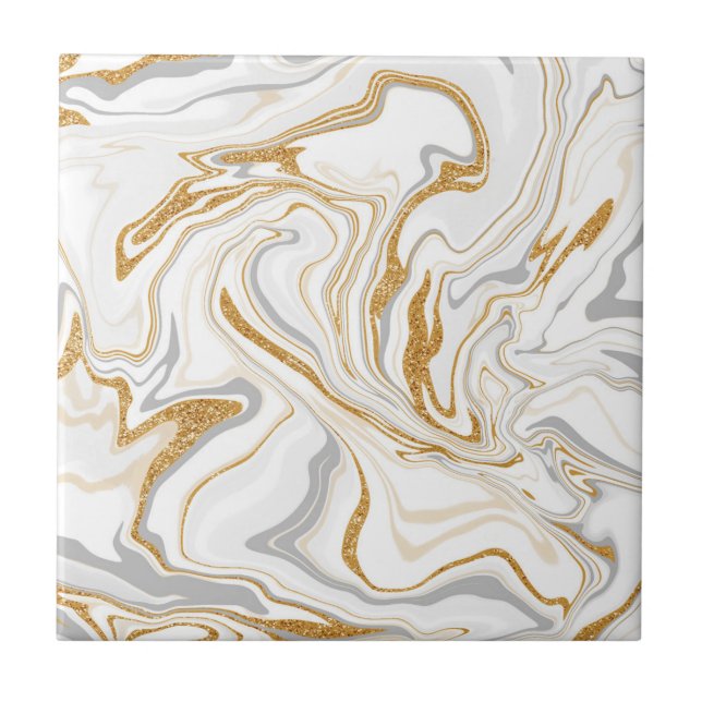 White, Gold and Grey Marble Like Swirls Fluid Art  Ceramic Tile (Front)