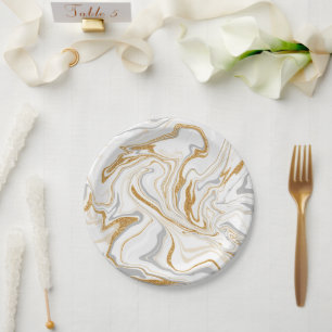 White, Gold and Grey Marble Like Swirls Fluid Art Paper Plate