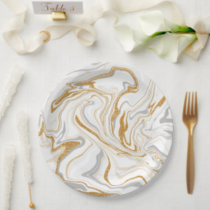 White, Gold and Grey Marble Like Swirls Fluid Art Paper Plate