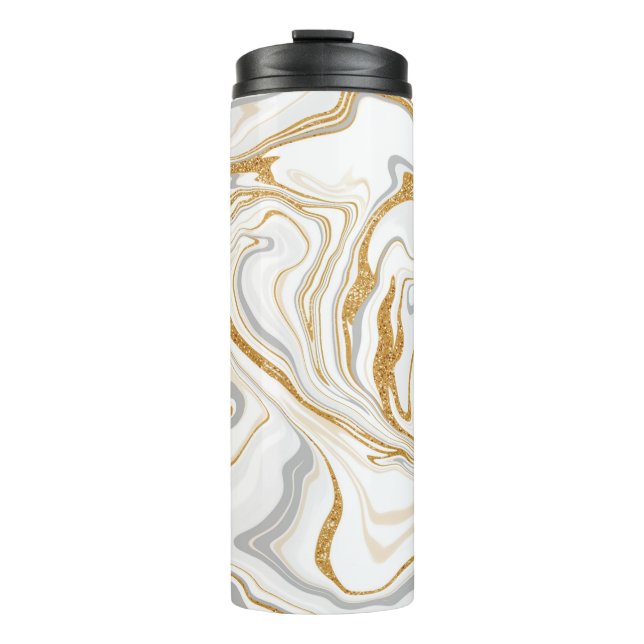 White, Gold and Grey Marble Like Swirls Fluid Art  Thermal Tumbler (Front)
