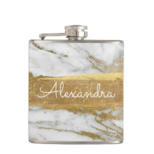 White Gold and Marble with Gold Foil and Glitter Hip Flask