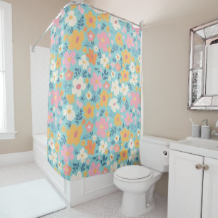 White, Gold and Pink Floral Pattern On Aqua Shower Curtain