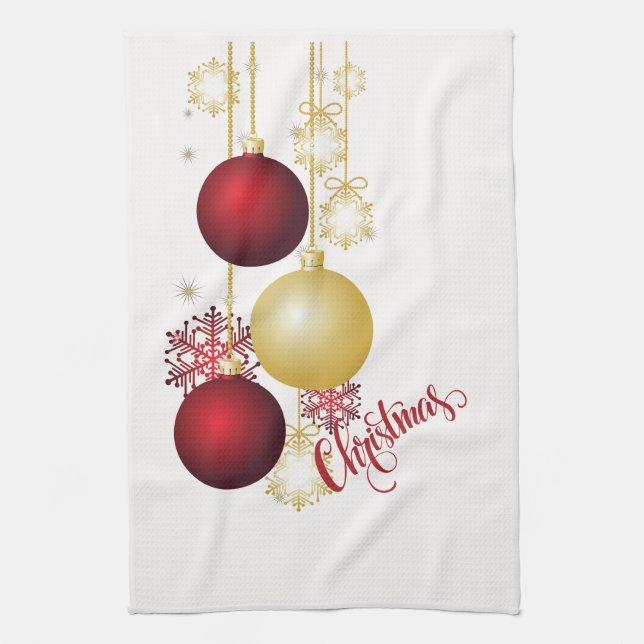 White, Gold and Red Christmas Party Tea Towel (Vertical)