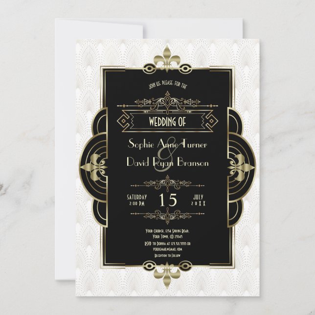 White Gold Art Deco Black Roaring 1920s Wedding Invitation (Front)