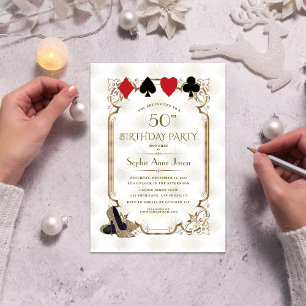 White Gold Art Deco Casino Vegas Poker Birthday Invitation