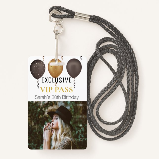 White Gold Birthday Party Photo Custom Pass VIP ID Badge (Front with Lanyard)
