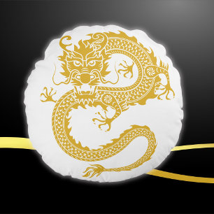 White, Gold & Black, Chinese Dragon Zodiac Round Cushion
