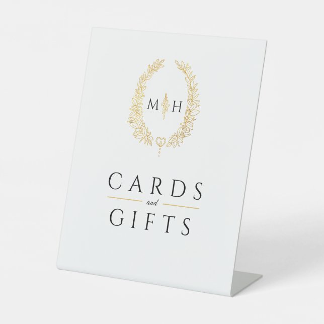 White gold black monogram wedding cards and gifts pedestal sign (Front)