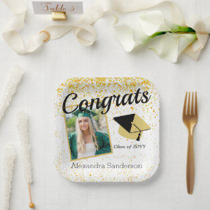 White Gold Black Photo graduation class of 2022 Paper Plate