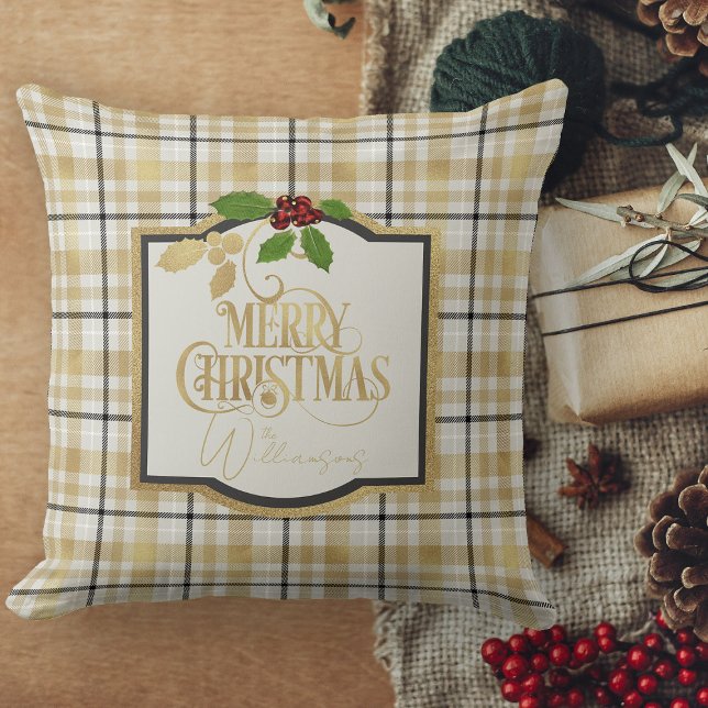 White Gold Black Plaid With Name Christmas Cushion (Christmas pillows personalized Christmas throw pillow for couch)