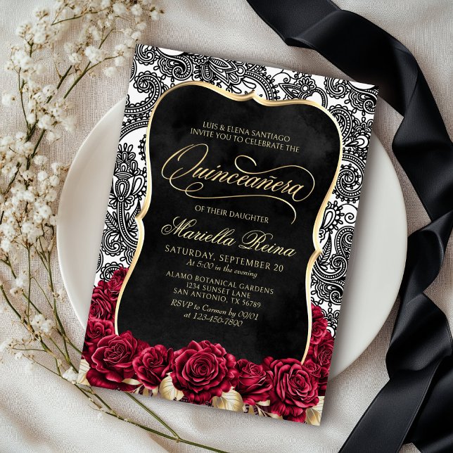 White Gold Black Quinceañera Invitation (Creator Uploaded)