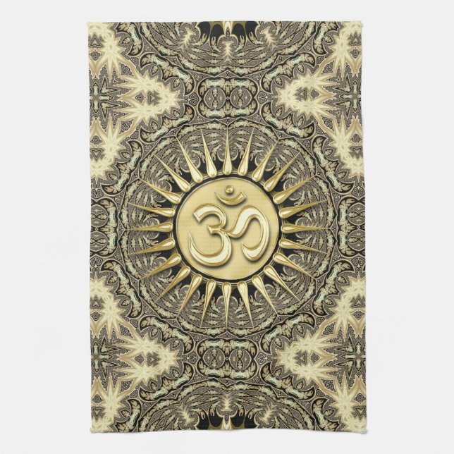 White Gold Black Solar OM Mandala Home Decor Tea Towel (Vertical)