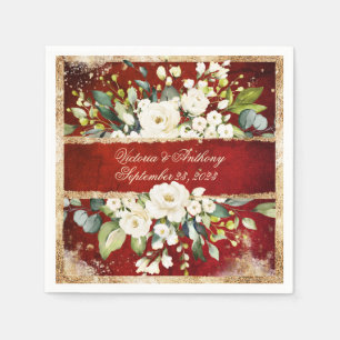 White Gold Botanical Floral Red Rustic Wedding Napkin