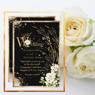 White Gold Botanical Floral Rustic Black Wedding Invitation