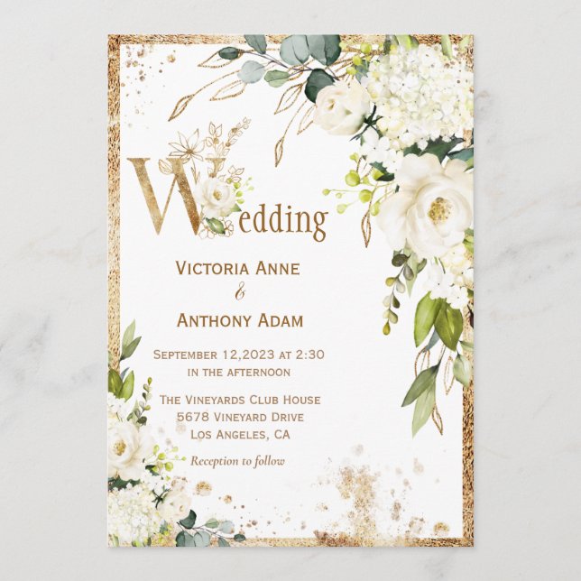White Gold Botanical Floral Rustic Wedding Invitation (Front)