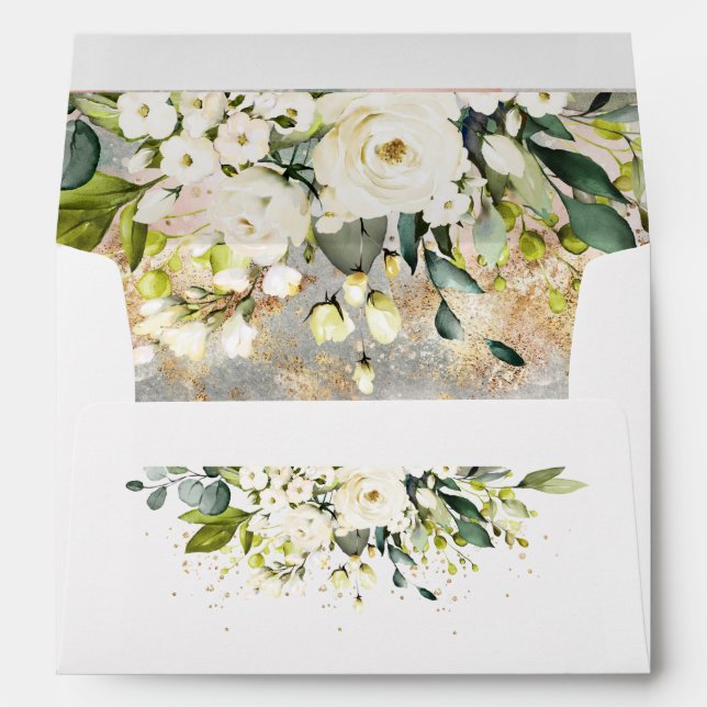 White Gold Botanical Floral Sage Green Wedding Envelope (Back (Bottom))