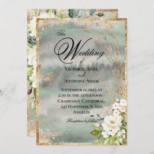 White Gold Botanical Floral Sage Green Wedding Invitation