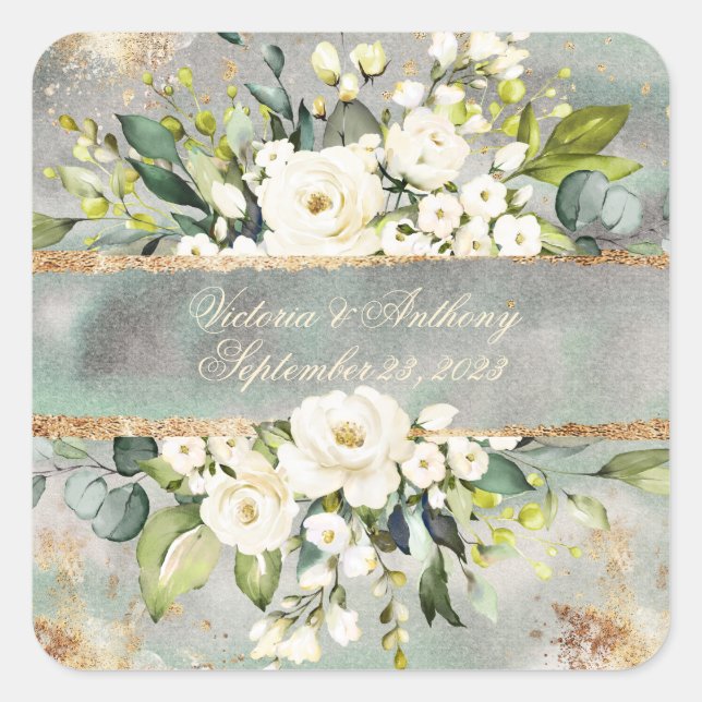 White Gold Botanical Floral Sage Green Wedding Square Sticker (Front)