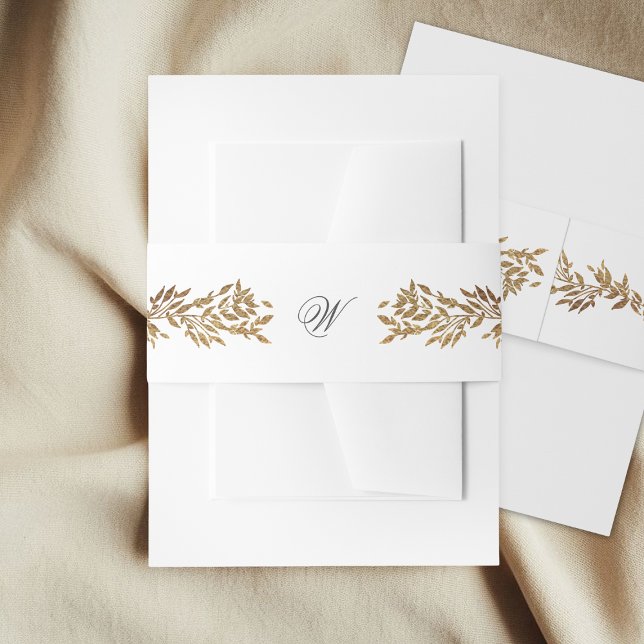 white & gold botanical frame monogram wedding invitation belly band (Creator Uploaded)