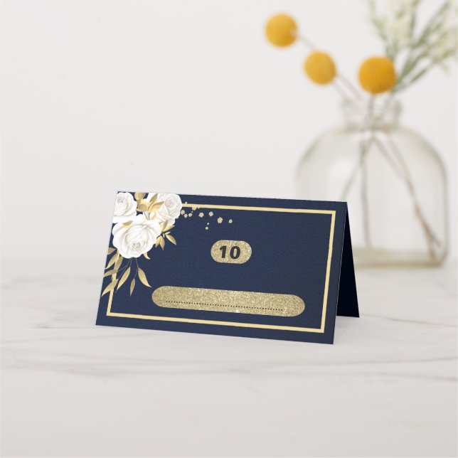 white gold botanical geometric navy blue place card