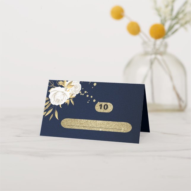 white gold botanical navy blue place card (Front)