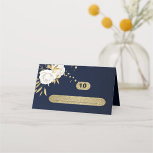 white gold botanical navy blue place card