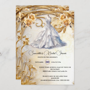 White gold bridal gown roses luxurious flowers invitation