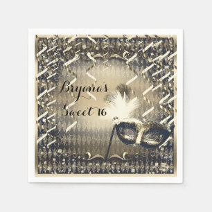 White Gold & Bronze Masquerade Mask Birthday Party Napkin